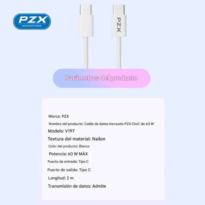 Cable USB Tipo C a Tipo C PZX V197 60W – Carga Rápida y Alta Resistencia - Imagen 4