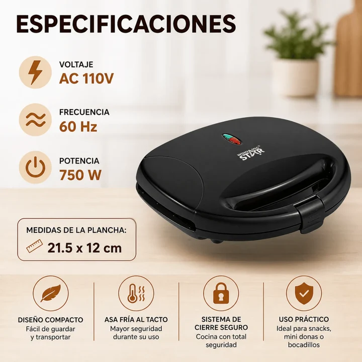 Máquina Para Hacer Donas Winning Star Con 6 Cavidades Antiadherentes y Potencia de 750W ST-2123 - Imagen 2