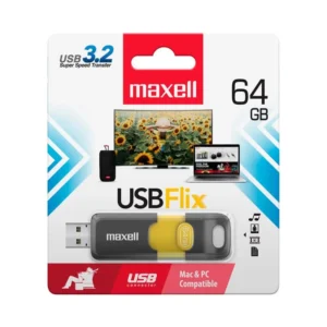 Memoria USB Maxell Flix 3.2 de 64 GB, negra con amarillo